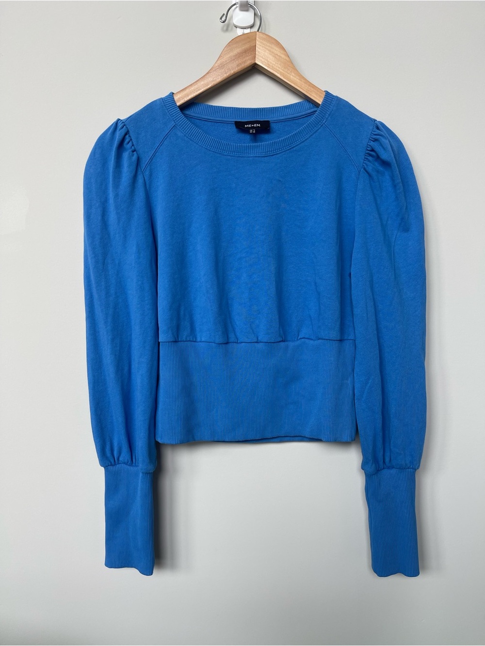 ME+EM | Blue Crewneck Puff Sleeve Cropped Sweatshirt